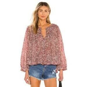 Free People Cool Meadow Print Top Cotton Boho Cranberry Floral Swirl Size Small